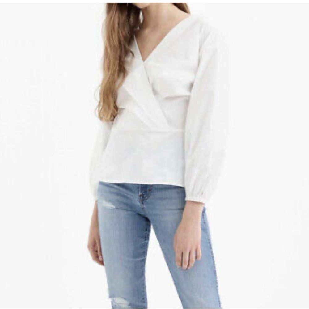 J. Crew White Wrap V-Neck Puff Sleeve Blouse